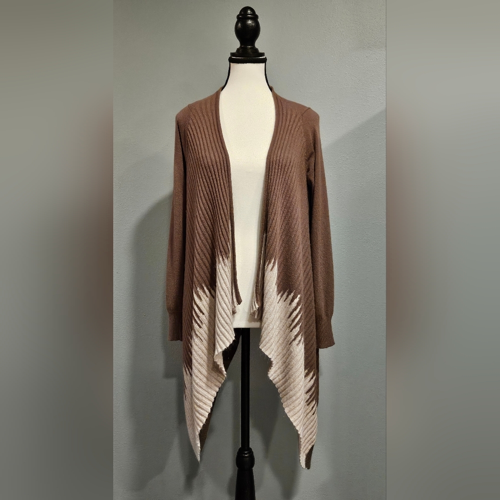 Tribal Open Cardigan Asymmetrical High Low Hem Brown & Cream Sz S
